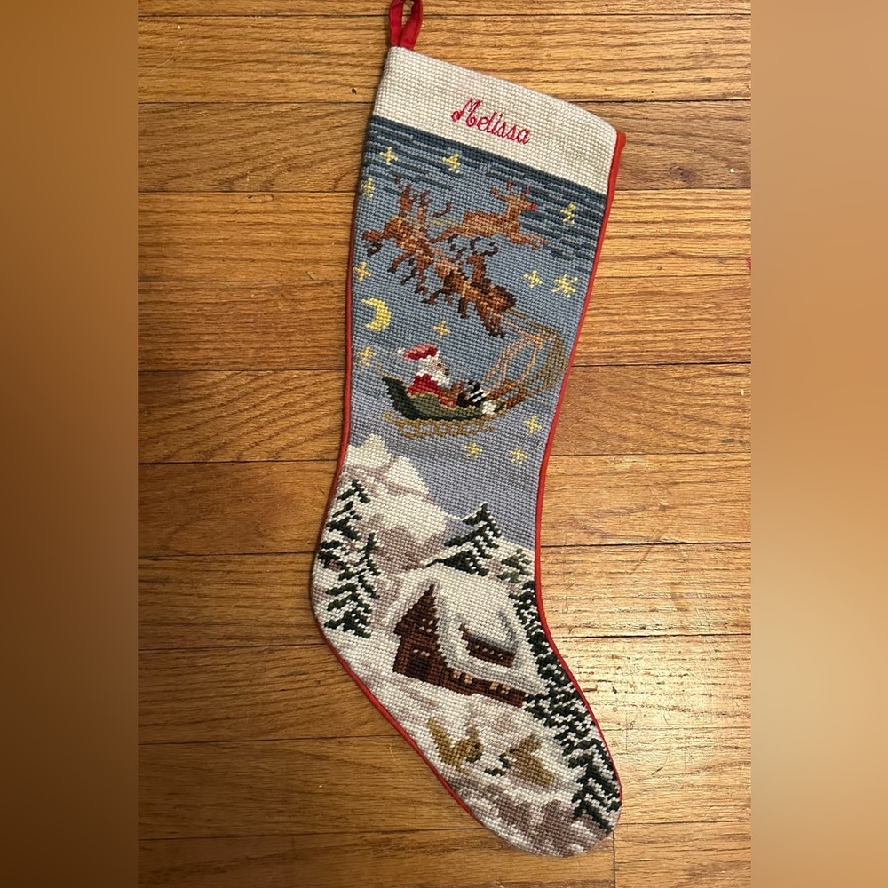 Sferra Santa sleigh winter needlepoint stocking Melissa embroidered